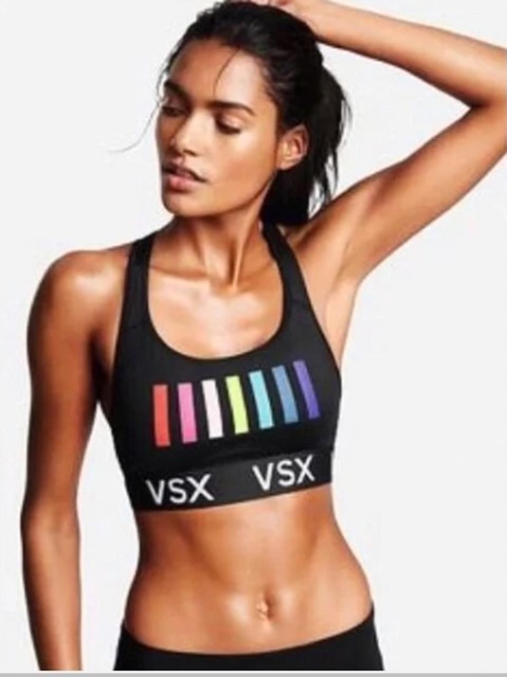 Victoria's Secret Black VSX Racerback Sports Bra with Rainbow Stripe Accents